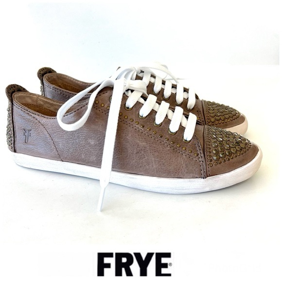 Frye Kira Distressed Studded Taupe Leather Boho Low Top Lace Up Sneakers